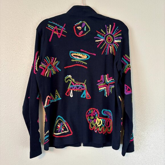 Adorable Abstract Line Art Horse and Lion Black Zipper Jacket Modern Women's L - Picture 3 of 11